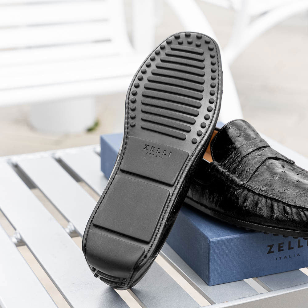 33-100-BLK MONZA genuine Ostrich Quill Driver driving mocs shoes loafers men's