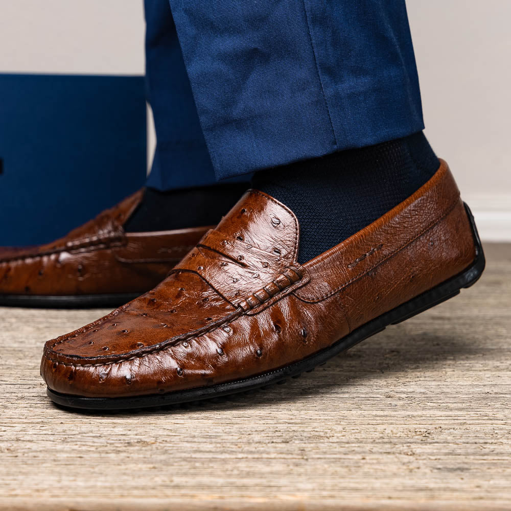 33-100-BRN MONZA Ostrich Quill Driver driving mocs shoes loafers men's Italy