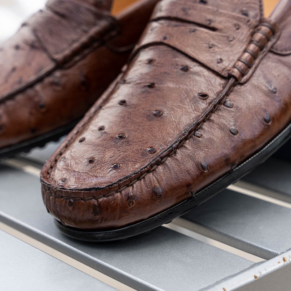 33-100-BRN MONZA Ostrich Quill Driver driving mocs shoes loafers men's Italy