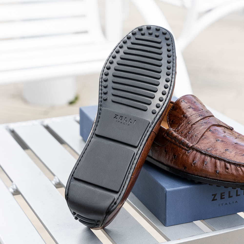 33-100-BRN MONZA Ostrich Quill Driver driving mocs shoes loafers men's Italy