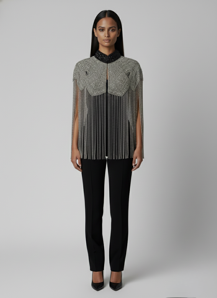 Liquid Steel Cape Wrap Shawl Beaded Formal Silver Black