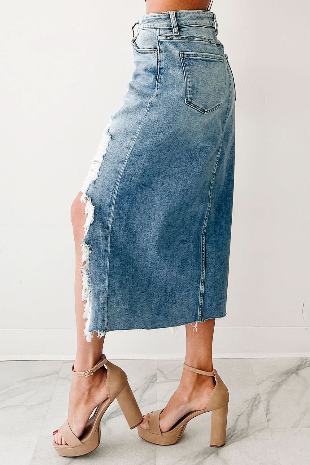 Myosotis Distressed Raw Hem Denim Midi Skirt Irregular Look Boutique