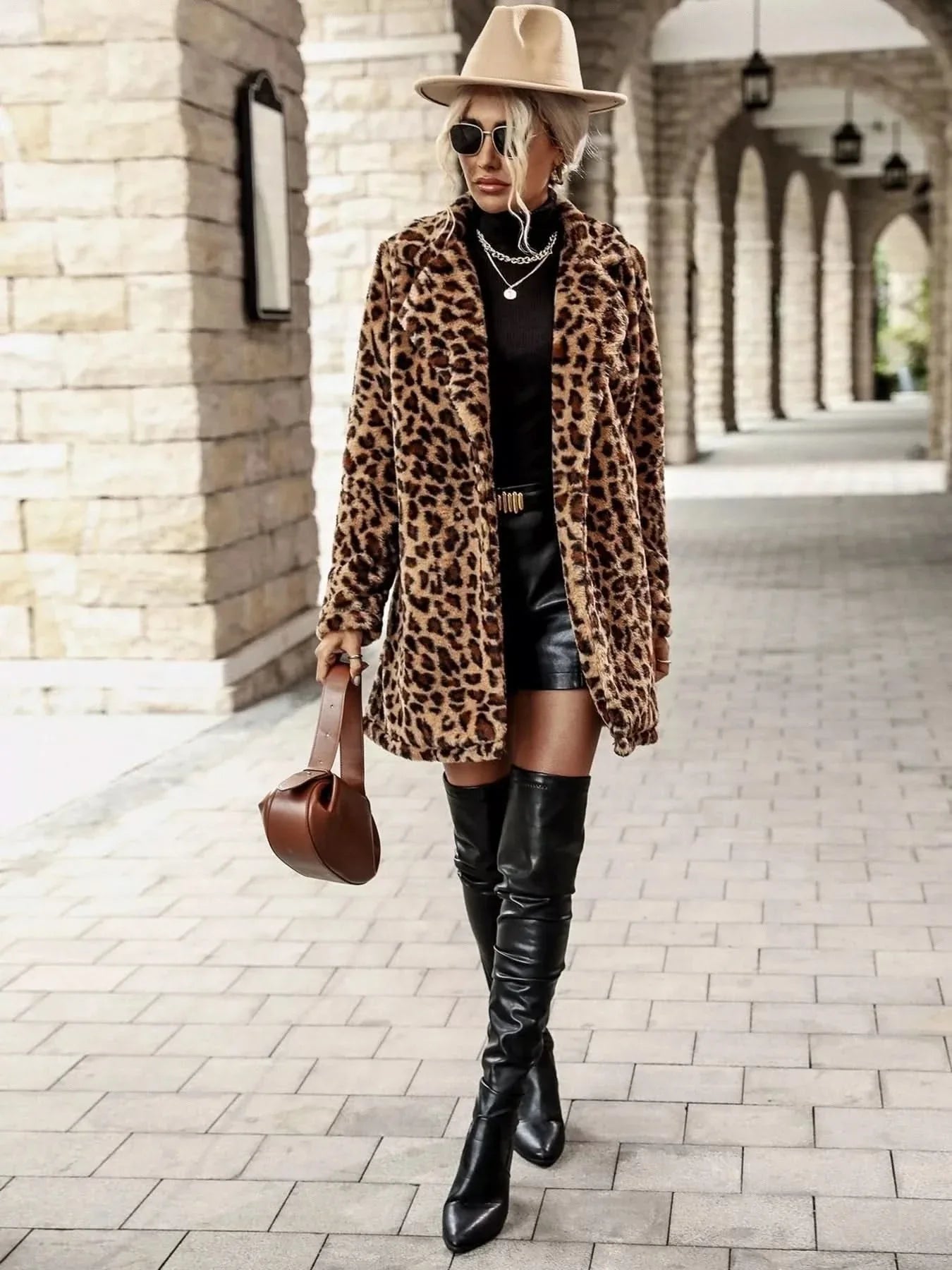 Leopard Print Faux Fur Longline Coat With Pockets Polyester Boutique