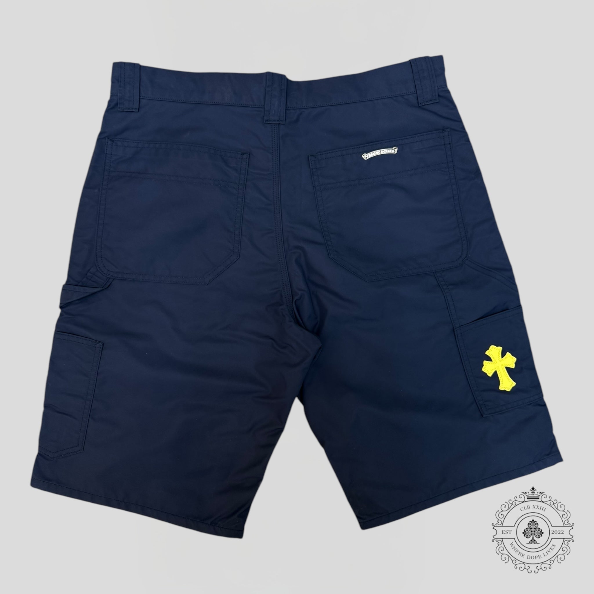 Chrome Hearts Nylon Leather Knee Shorts in Navy men's 33