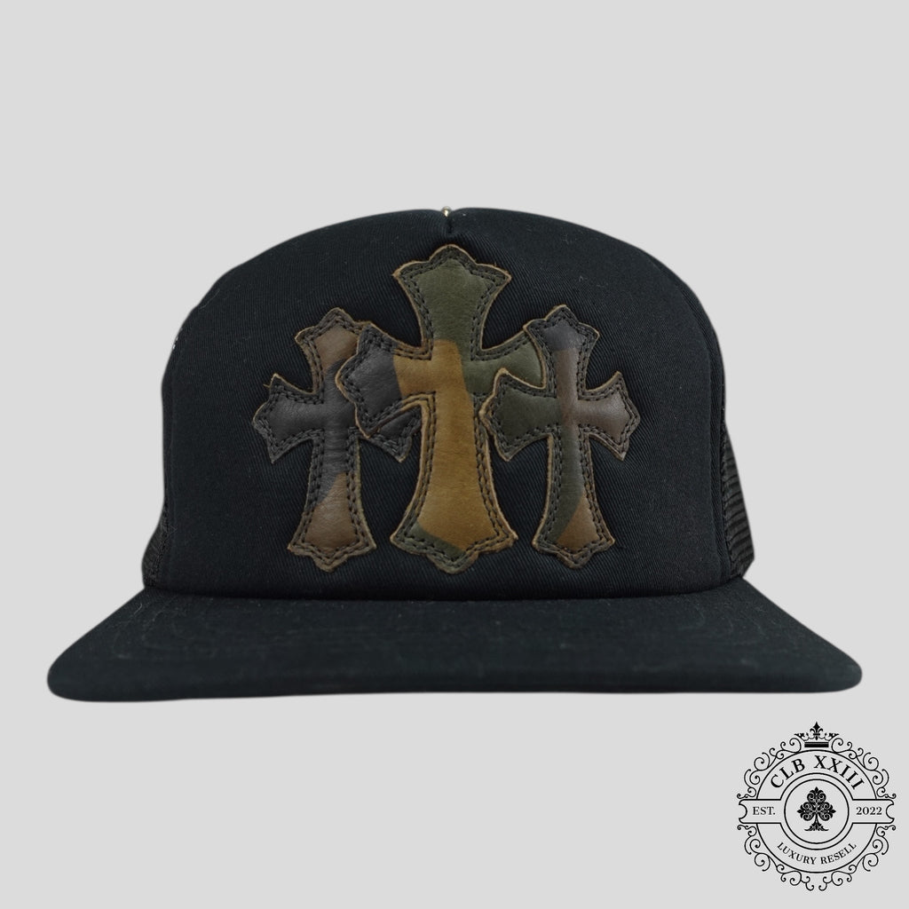 Chrome Hearts Leather Triple Cross Trucker Hat in Black/Camo cap men's unisex leather