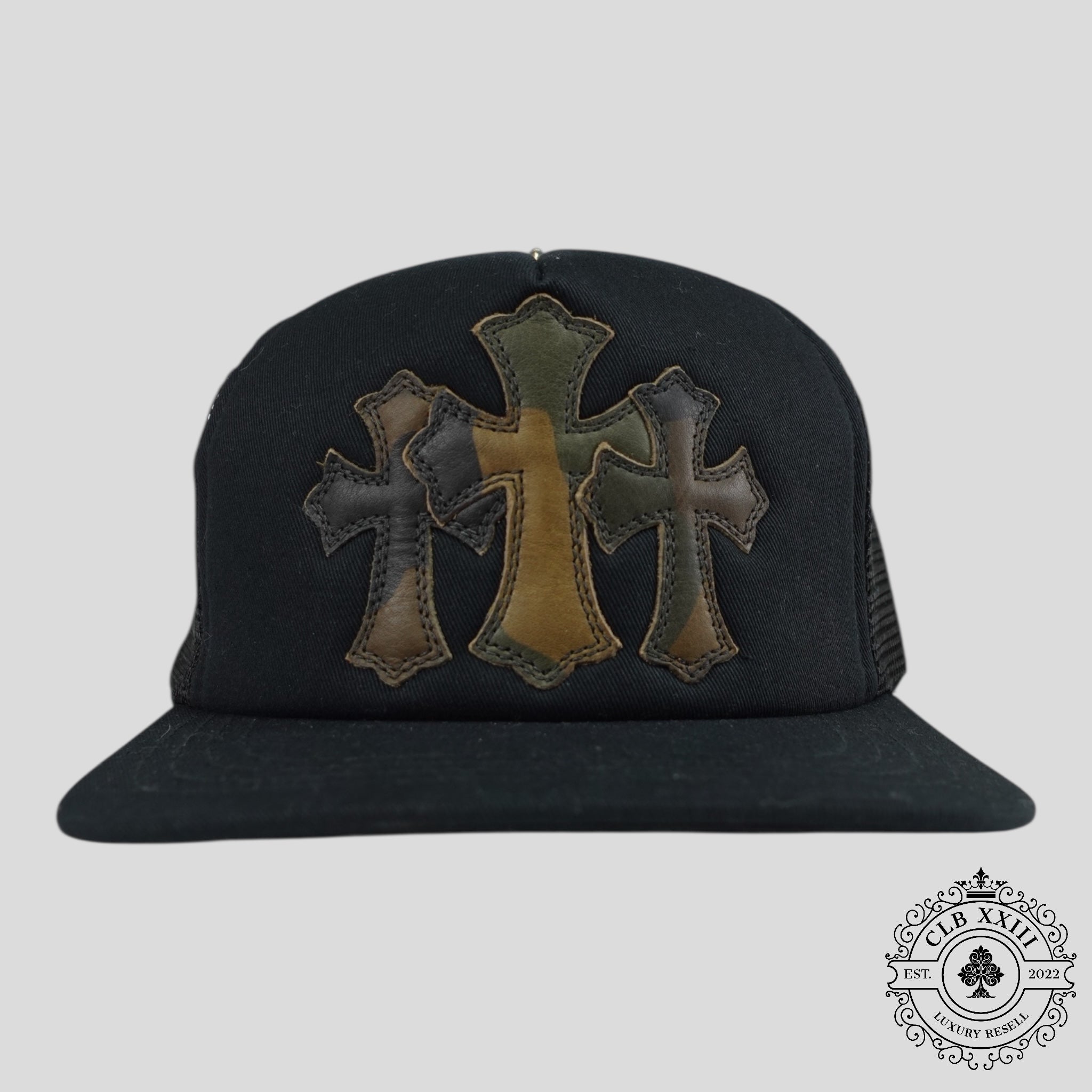 Chrome Hearts Leather Triple Cross Trucker Hat in Black/Camo cap men's unisex leather