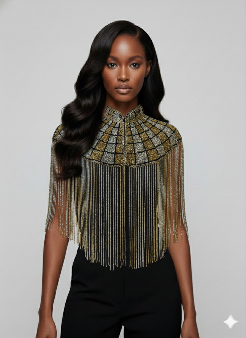 The Gilded Mosaic Cape Hand-Beaded Wrap Shawl Formal Evending Gold Silver Black