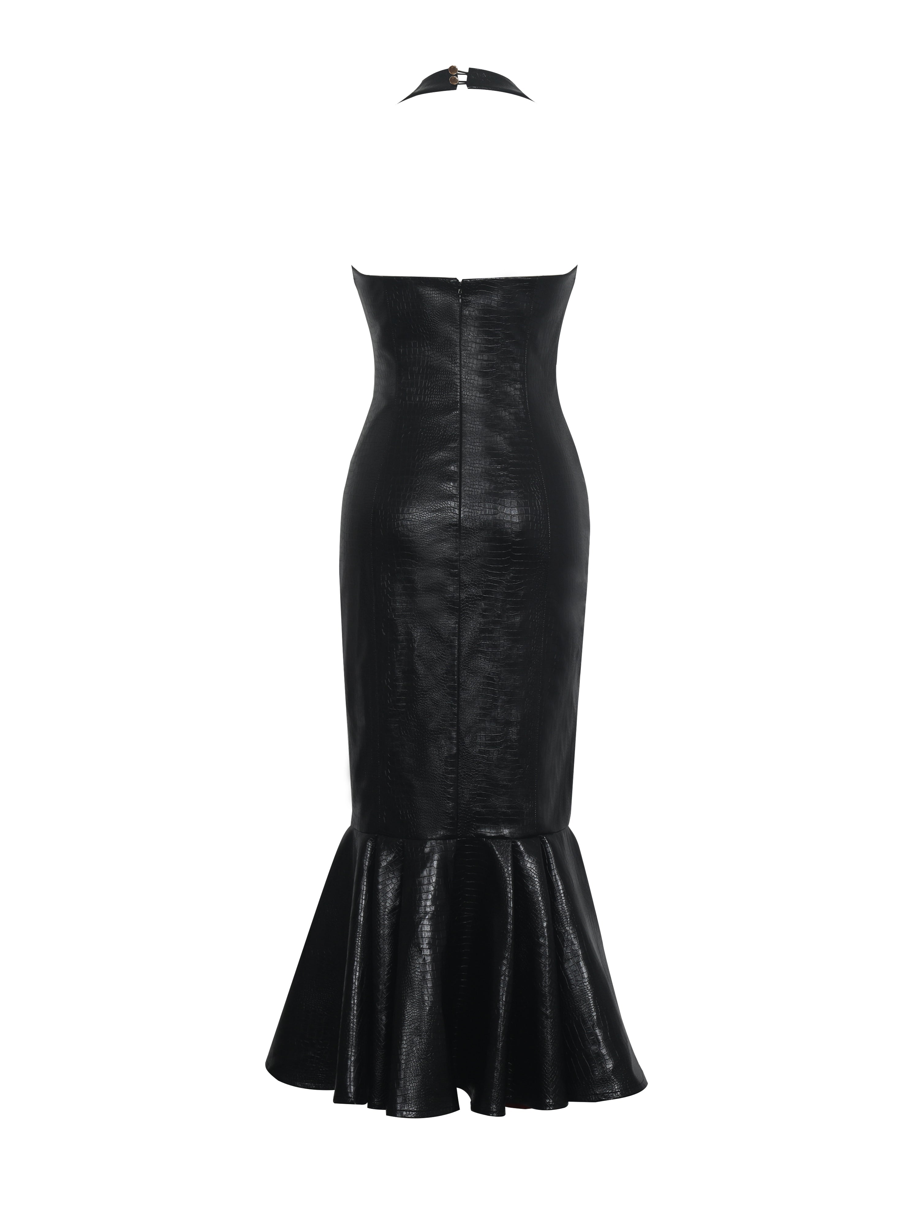 Gardenia Black Croc Leather Midi Sweetheart Halter Flared Dress