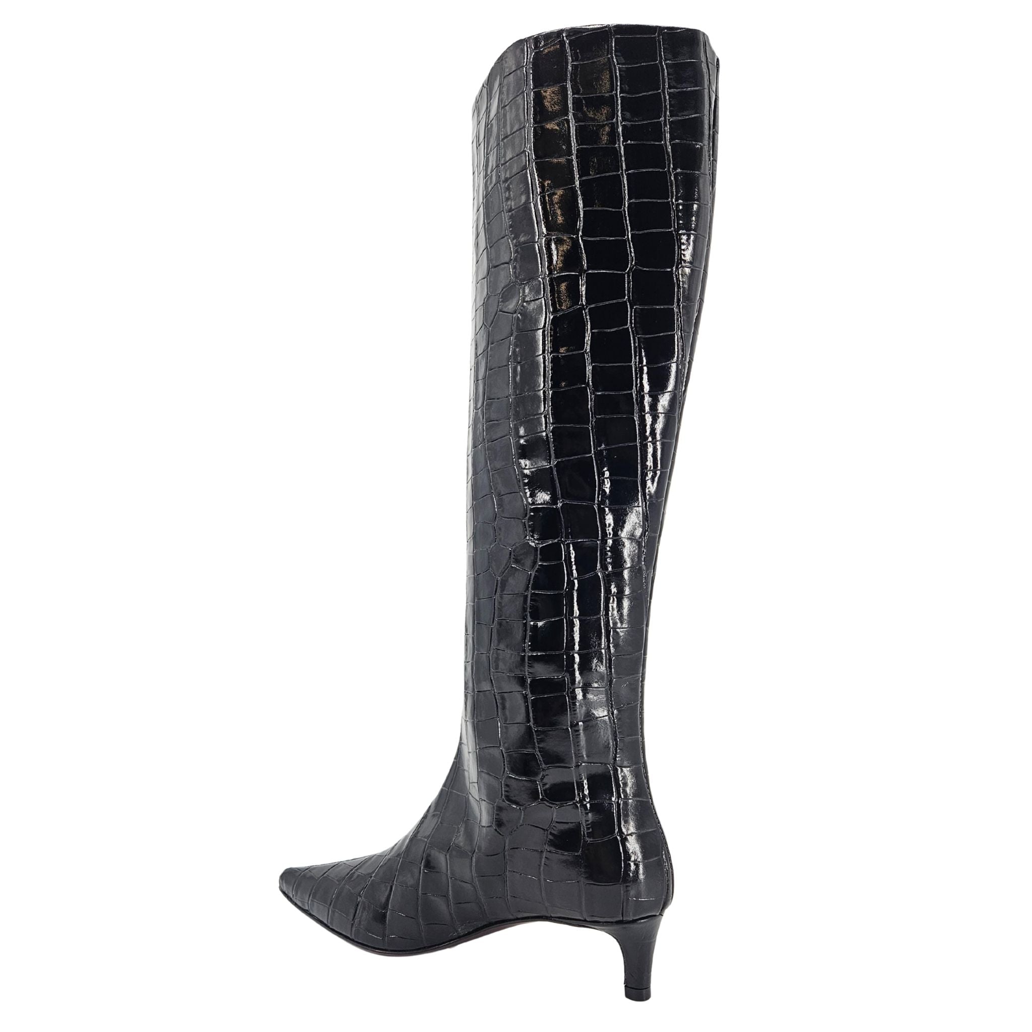 Black Tall Moc Croc Pointy Toe Kitten Heel Boot Madison Maison Beverly Hills