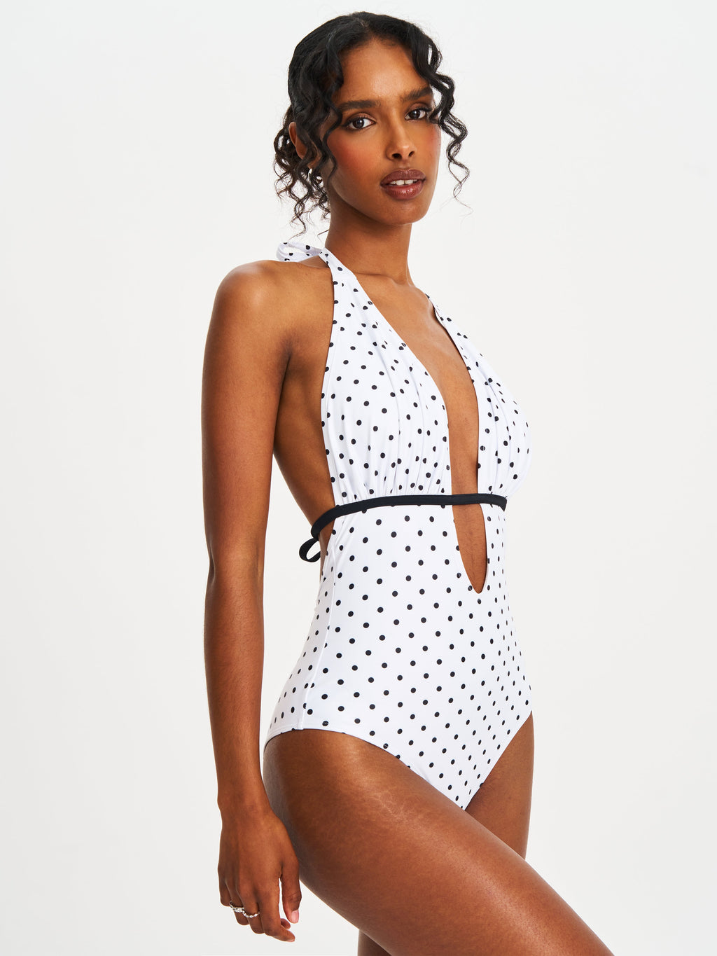 Olive Polka Dot Ruched Halter Backless Swimsuit Black White beach cruise