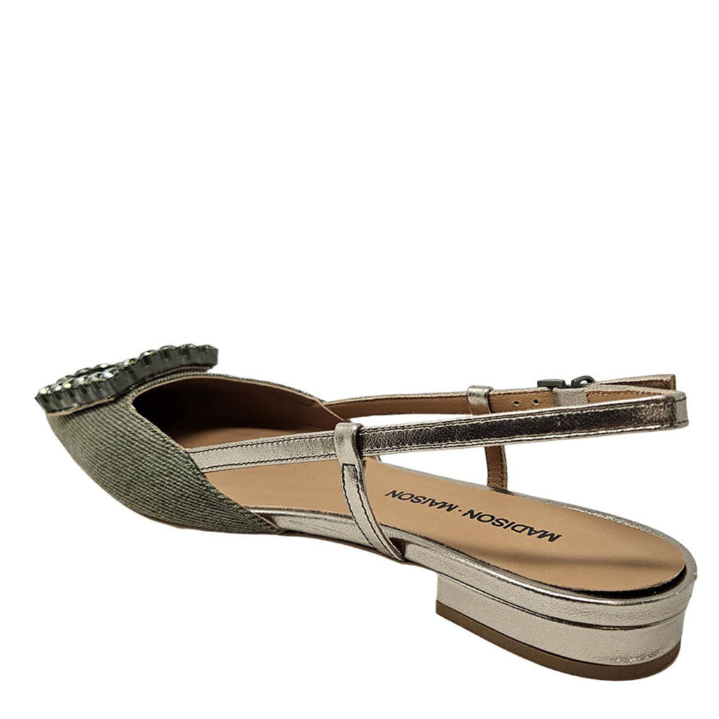 Khaki/Gold Sling Back Flat shoes career Madison Maison embellished buckle