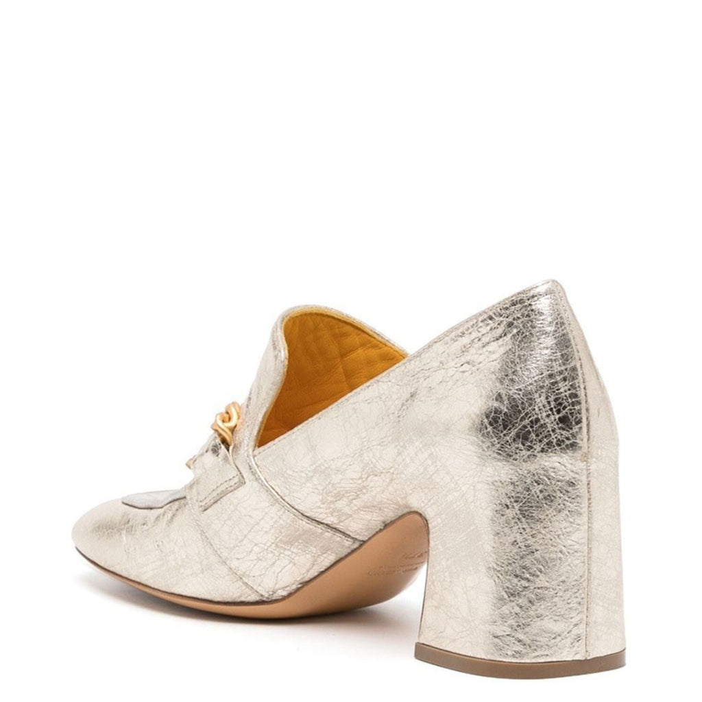 Gold/Silver metallic Leather Mid Heel block Loafer W/Chain career Madison Maison