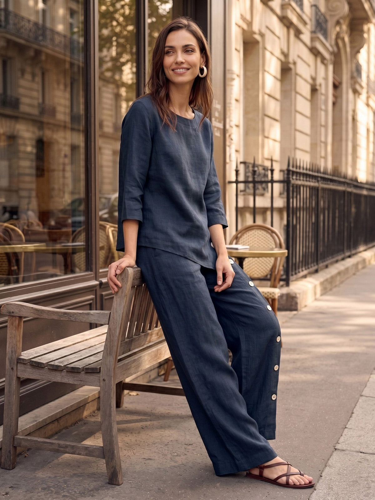 100% Linen Asymmetric-Hem Button-Trim Top NYLA Navy Blue Shirt Lintico