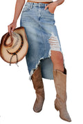 Myosotis Distressed Raw Hem Denim Midi Skirt Irregular Look Boutique