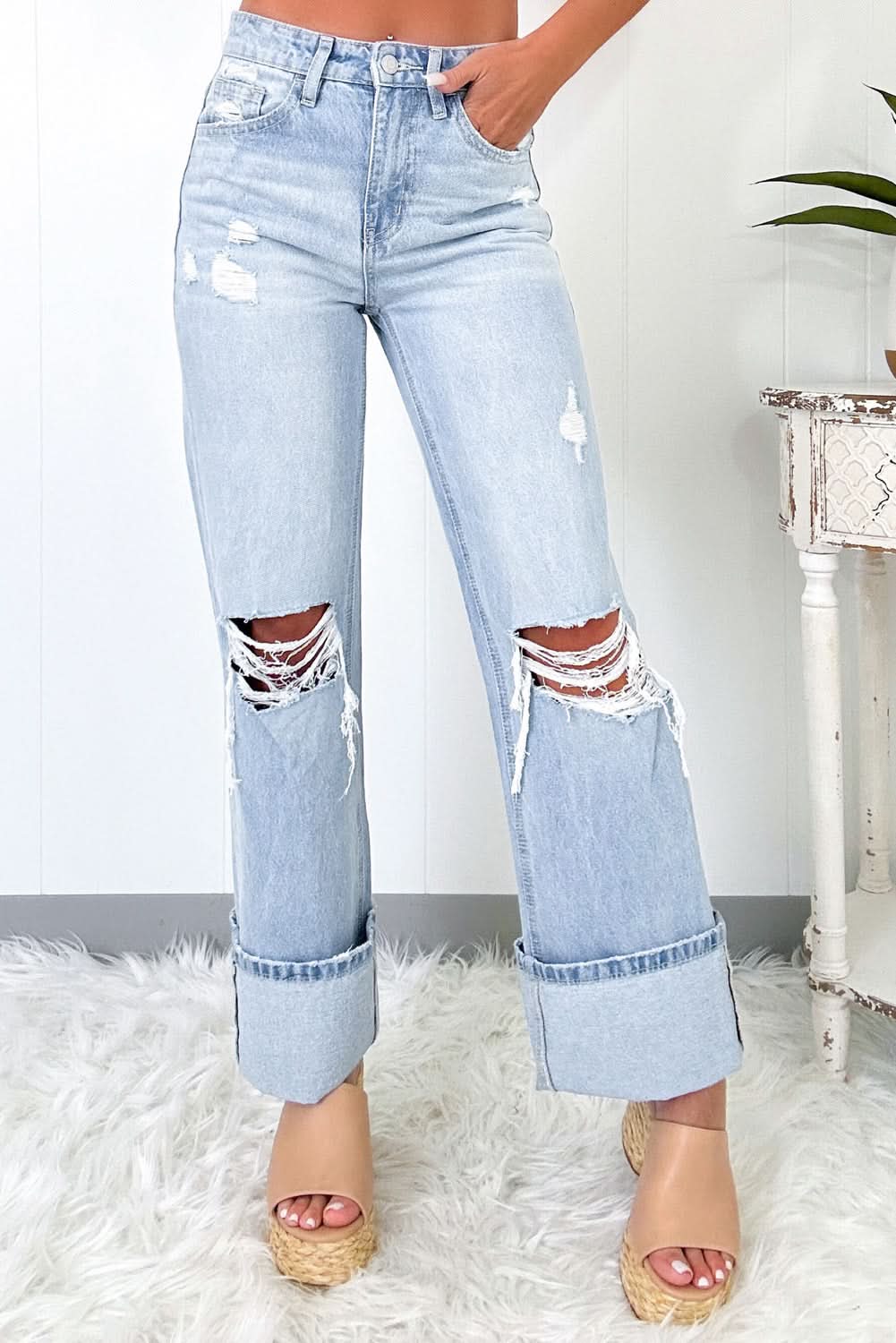 Beau Blue Light Wash Distressed Denim Flare Jeans High Waist
