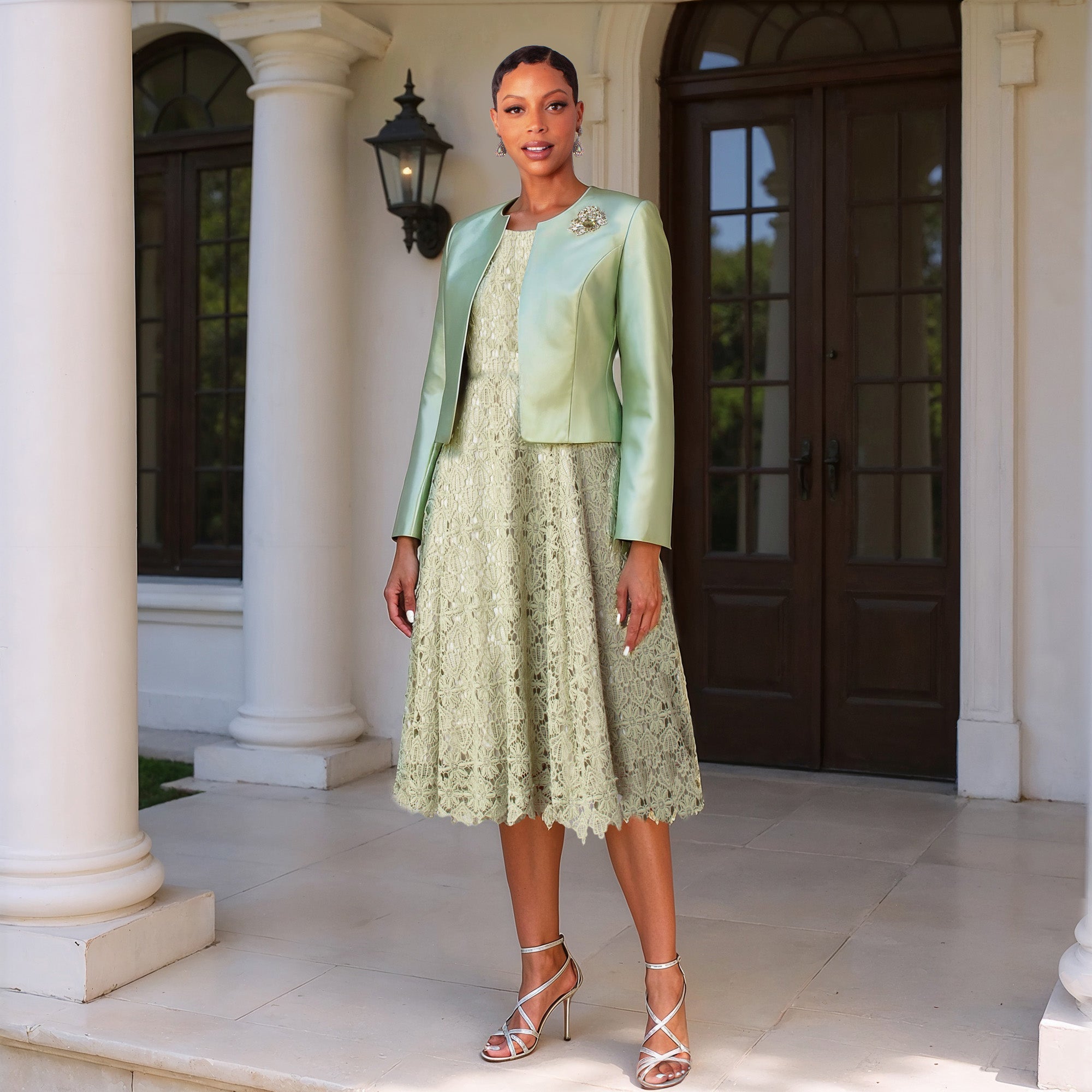 Lace Church Dress with Satin Jacket Set- 4529 2 pc suit church occasio –  Jenifers Designer Closet