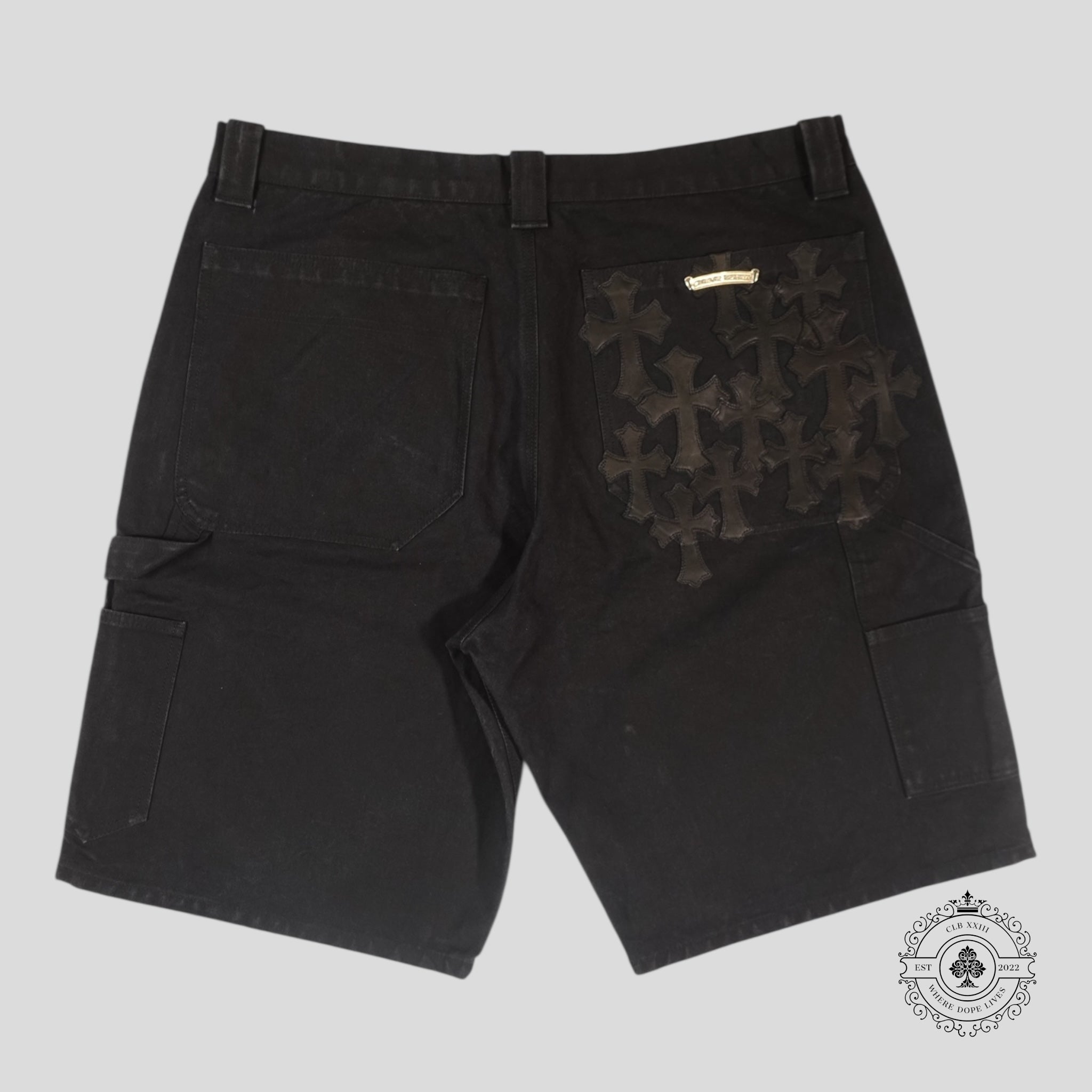 Chrome Hearts 13 Cross Patch Carpenter Shorts in Black cotton & leather 38