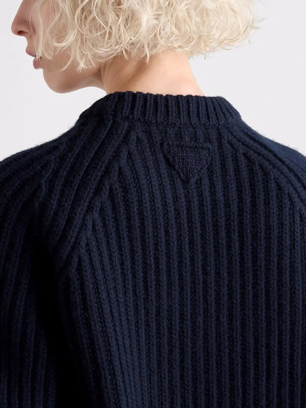 PradaLadies Round Neck Sweater with logo safety pin Cashmere Navy