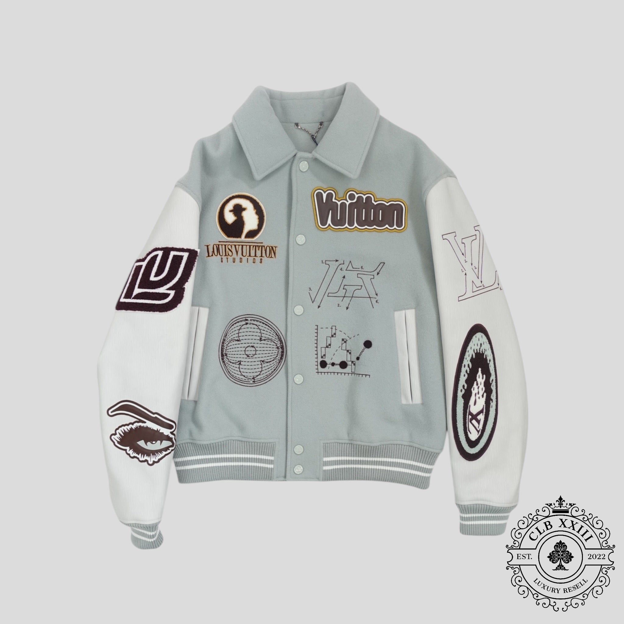 Louis Vuitton Studios Varsity Jacket in Blue men's 52 leather wool LV