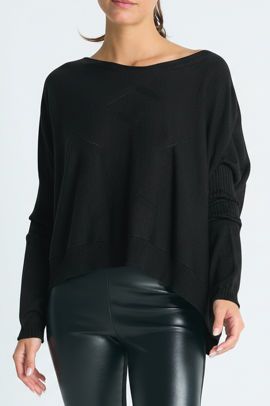 Pima Cotton Stitches Boatneck Sweater - Black PLANET by Lauren G.