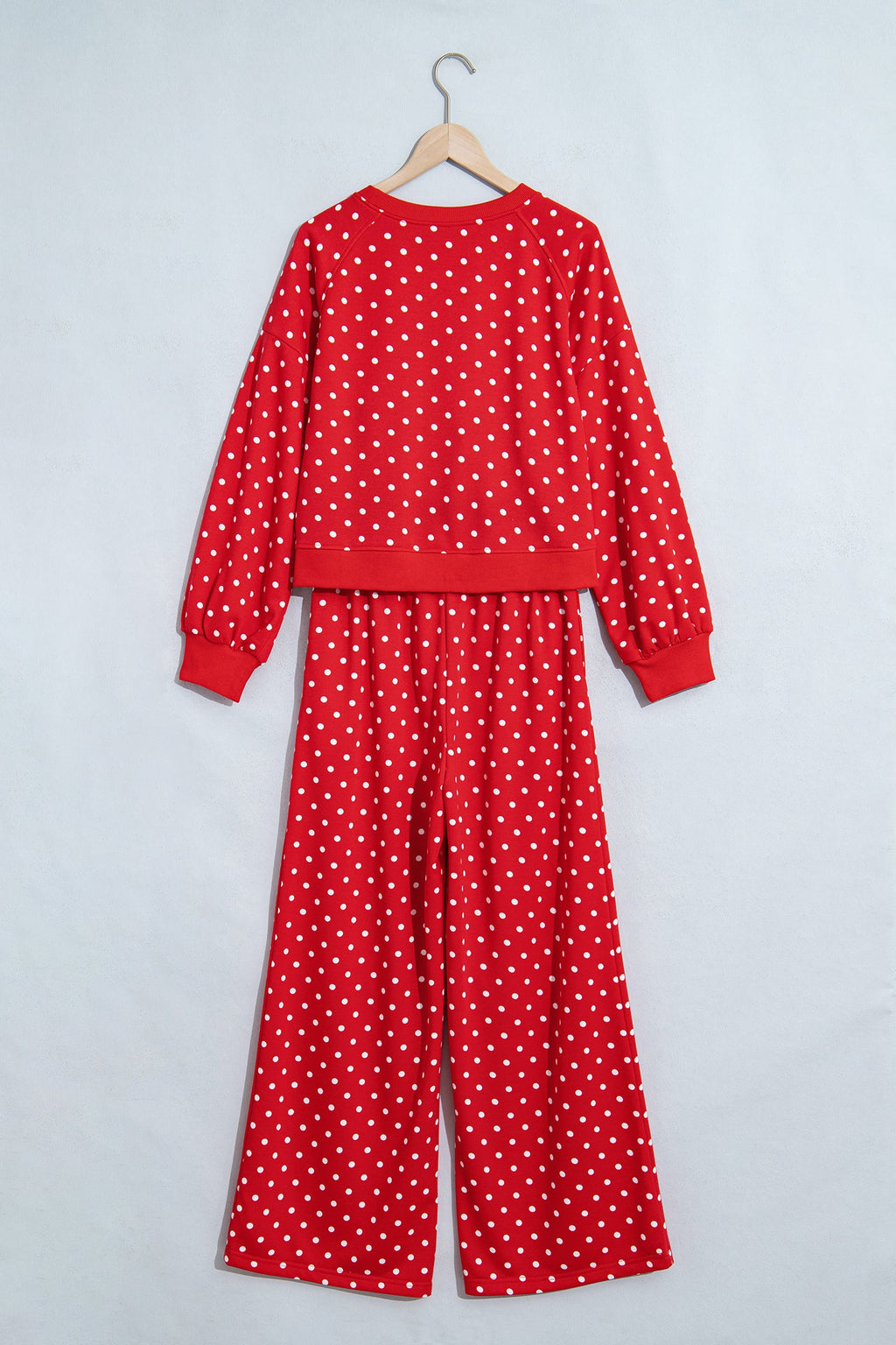 Jane Polka Dot Drawstring Wide Leg Long Sleeve Top Pant Set Outfit