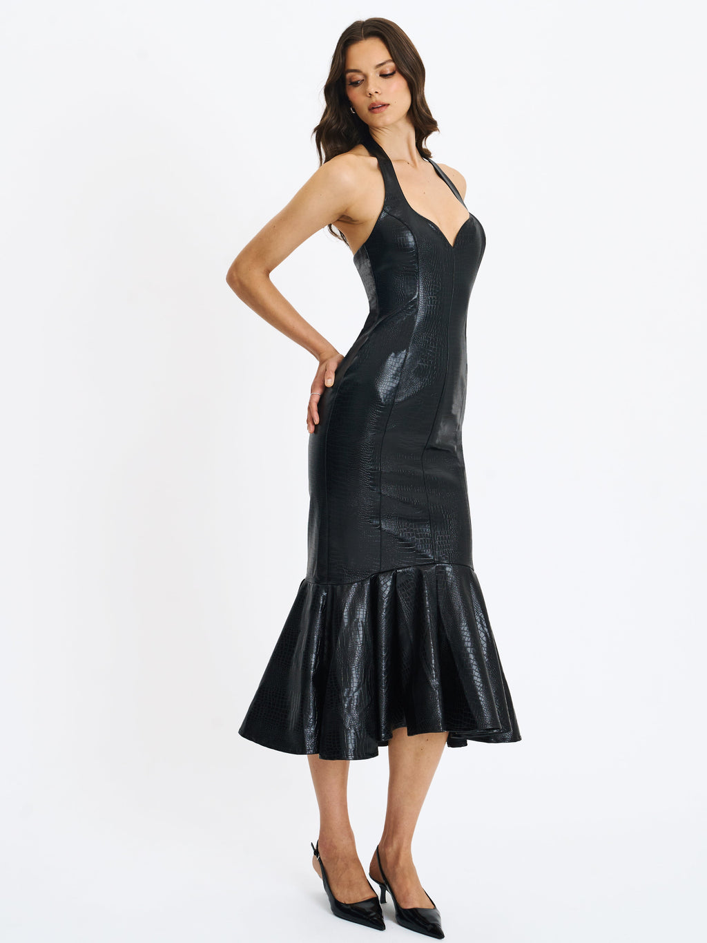 Gardenia Black Croc Leather Midi Sweetheart Halter Flared Dress