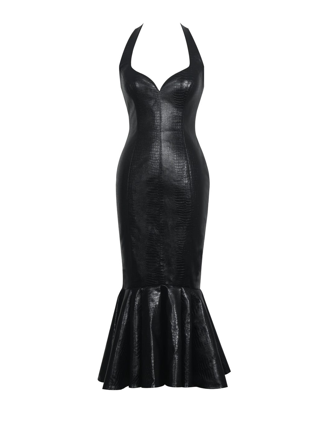 Gardenia Black Croc Leather Midi Sweetheart Halter Flared Dress