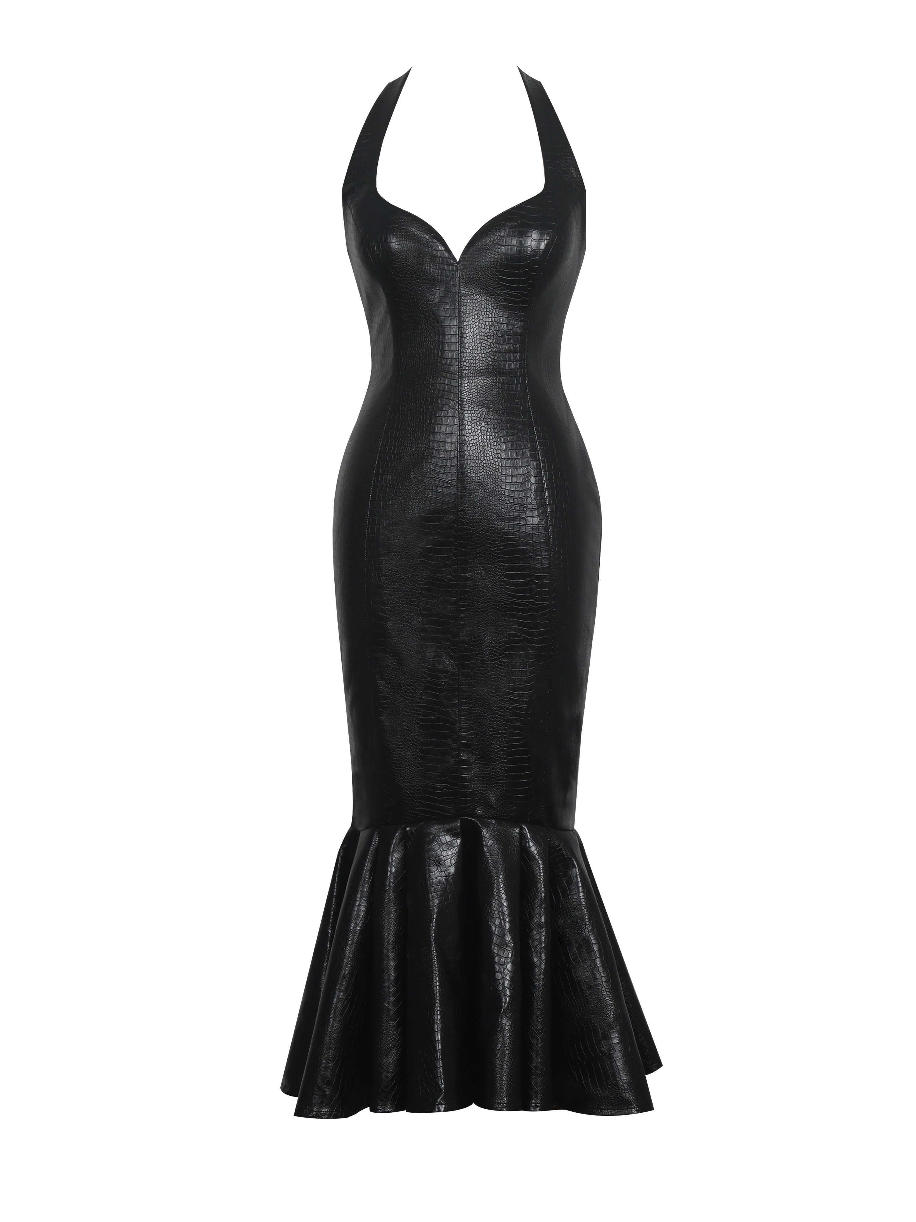 Gardenia Black Croc Leather Midi Sweetheart Halter Flared Dress