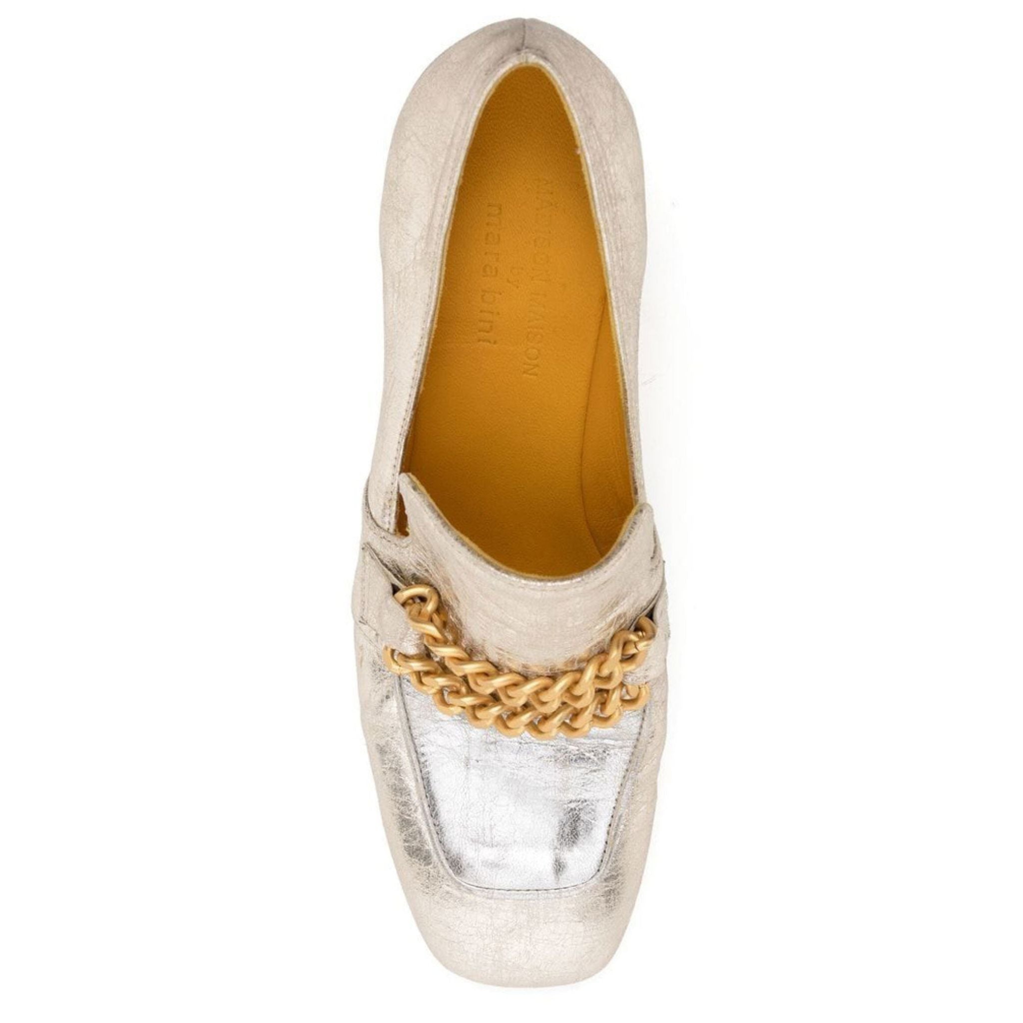 Gold/Silver metallic Leather Mid Heel block Loafer W/Chain career Madison Maison