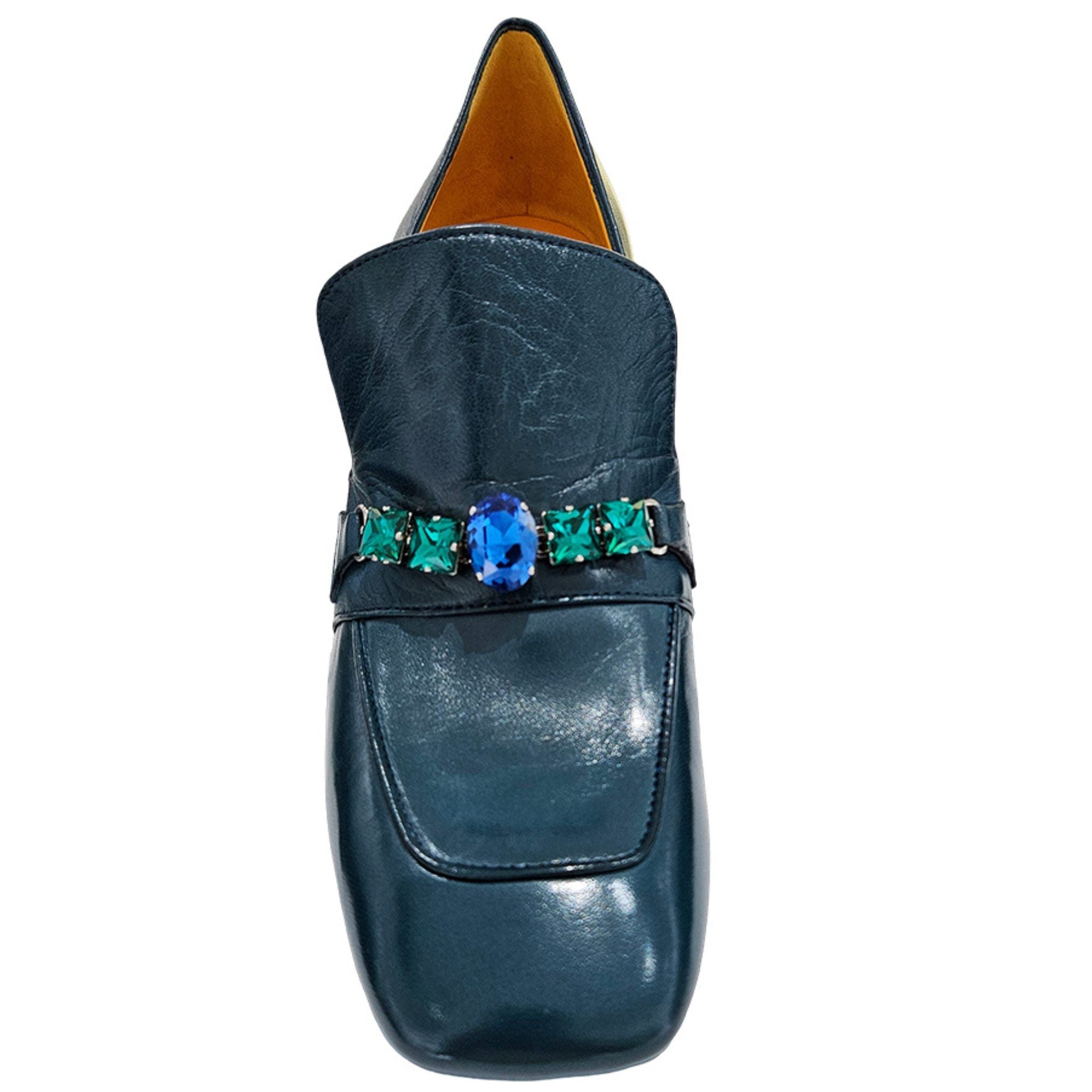 Navy Leather Mid Heel Jeweled Loafer ladies Madison Maison shoes