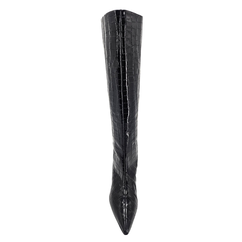 Black Tall Moc Croc Pointy Toe Kitten Heel Boot Madison Maison Beverly Hills