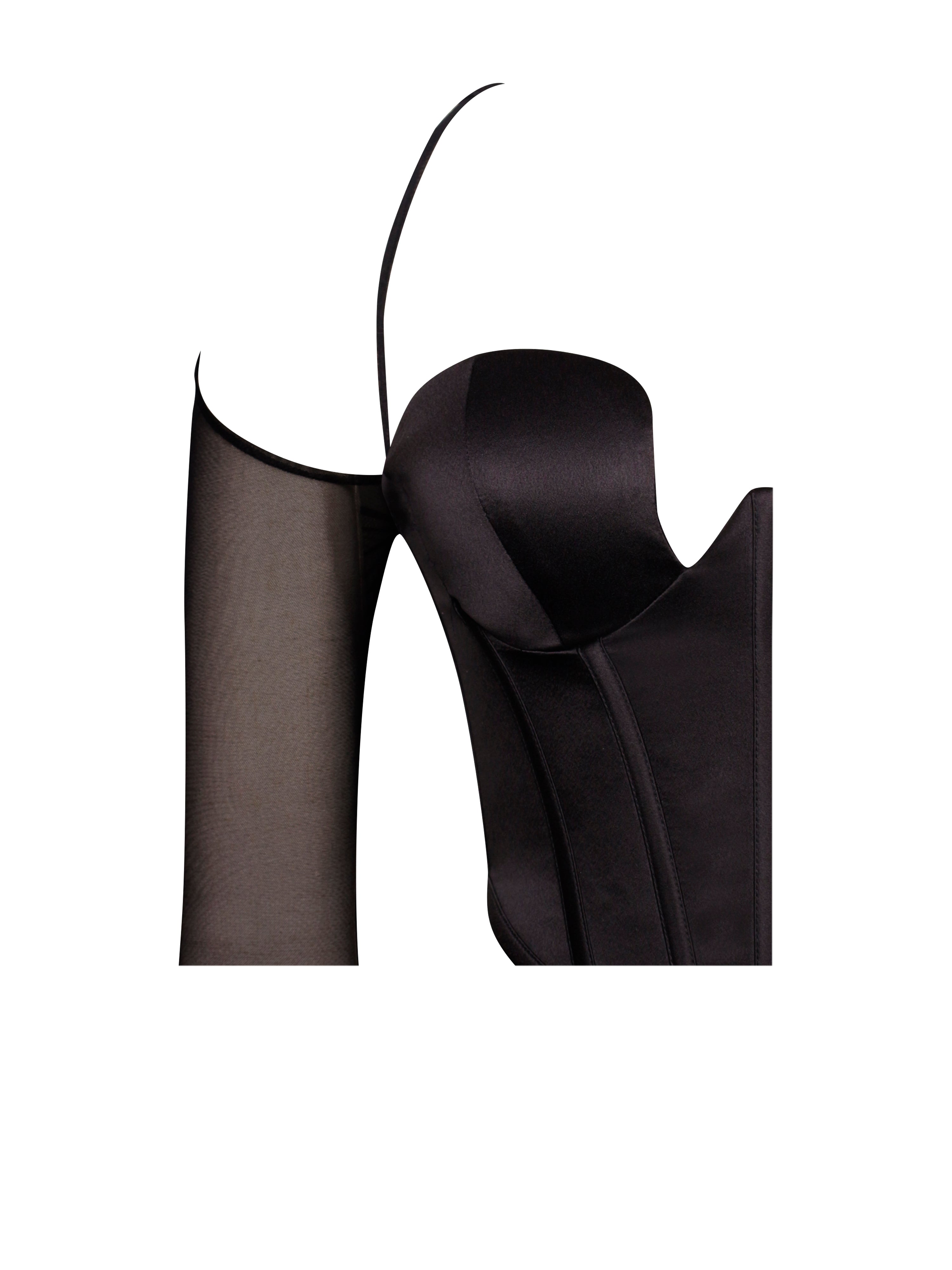 Pixie Black Mesh Sleeves Halter Boned Corset Satin Top Club Cocktail