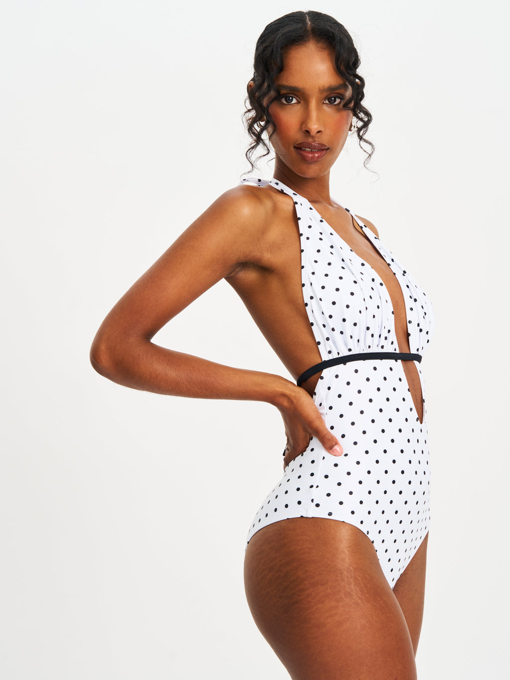 Olive Polka Dot Ruched Halter Backless Swimsuit Black White beach cruise