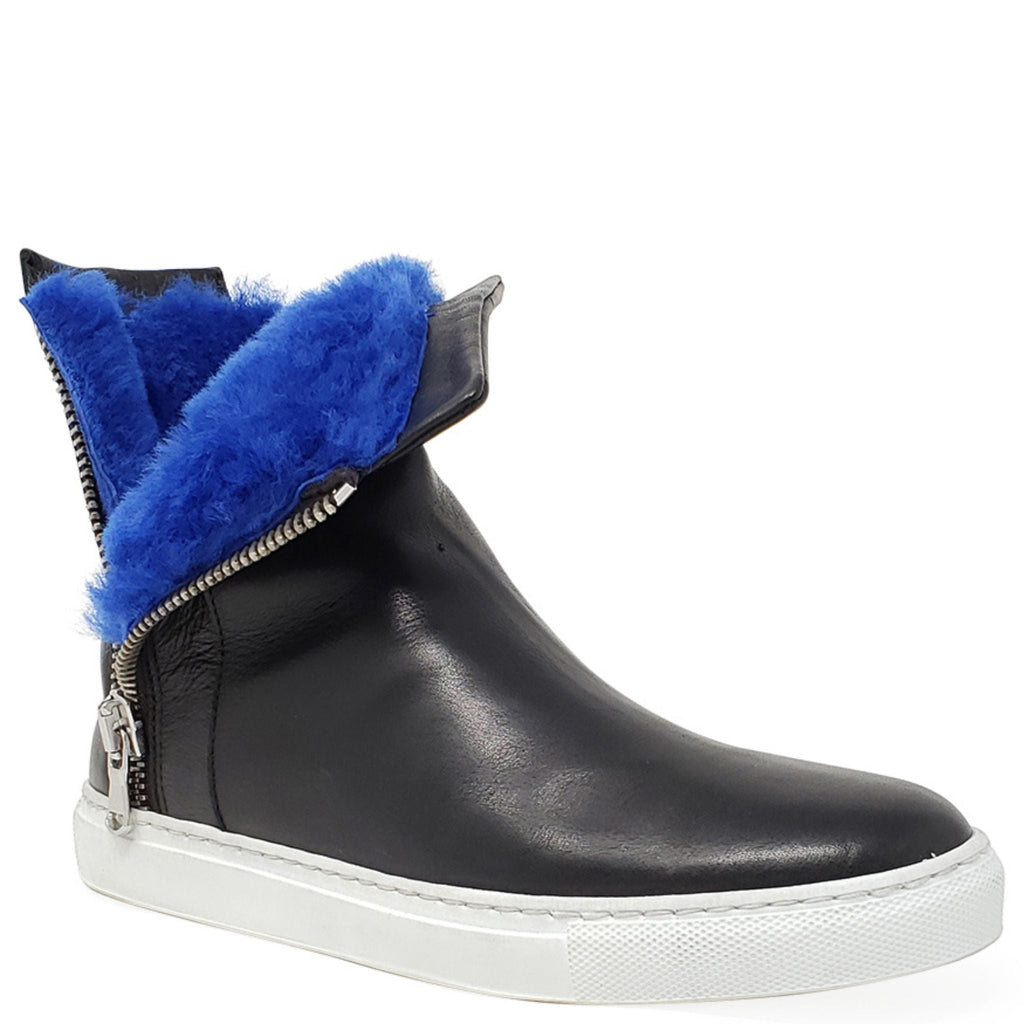 Black Leather Double Zip Shearling lined ankle Boot sneaker booties Madison Maison