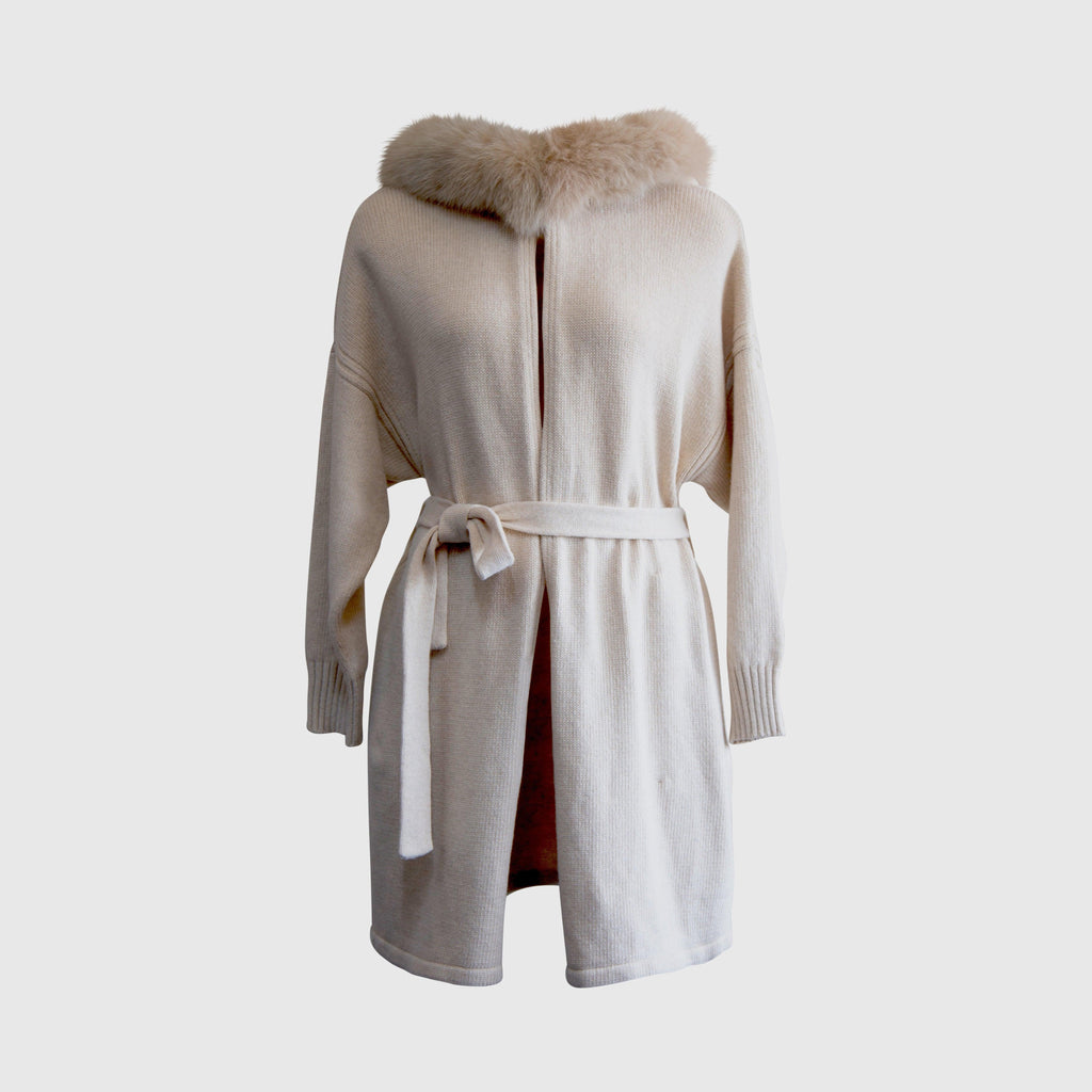 Cashmere Wrap Cardigan with Fox Fur Long Sweater Jacket Coat