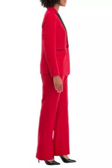 Le Suit Single-Button Blazer Contrasting Lapel Red Straight-Leg Trousers Pantsuits Career