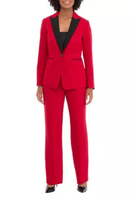 Le Suit Single-Button Blazer Contrasting Lapel Red Straight-Leg Trousers Pantsuits Career