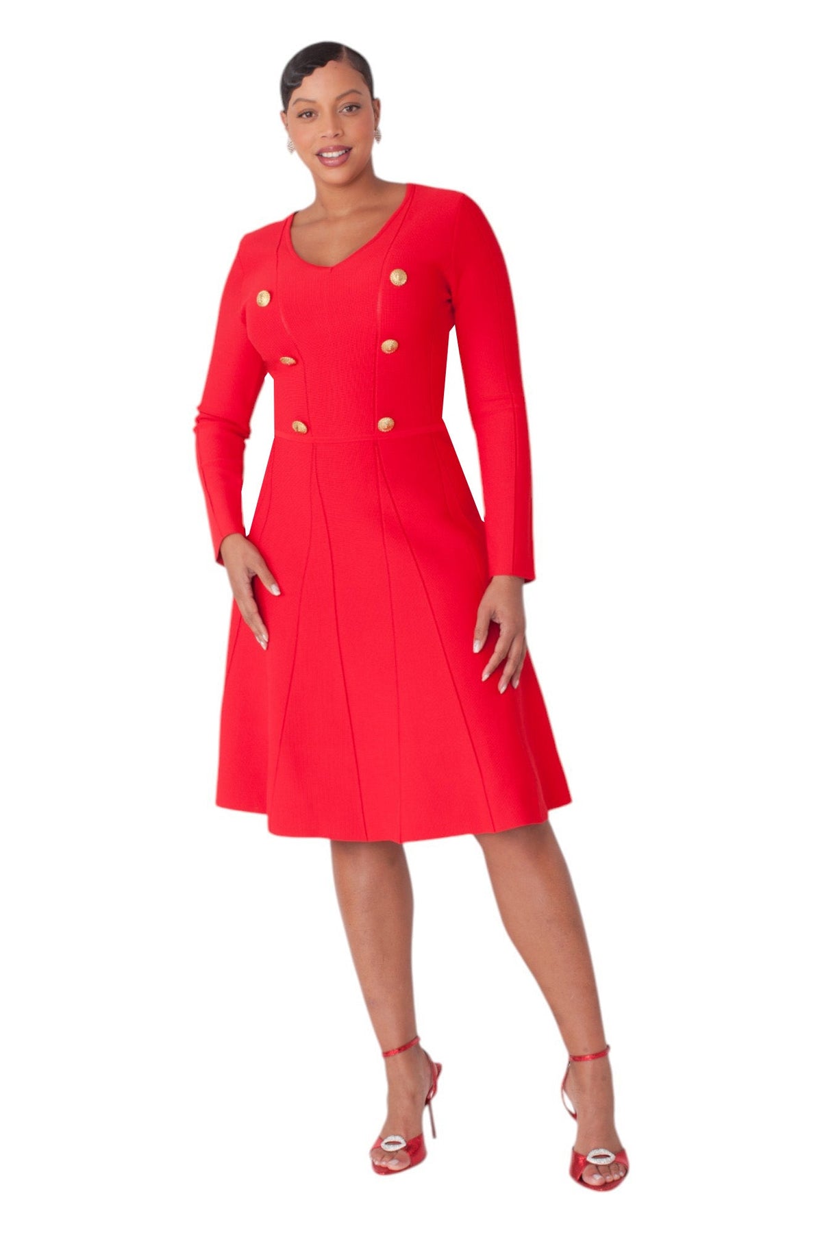V-Neck Knit Dress with Gold Button Details- 51001 church career – Jenifers  Designer Closet