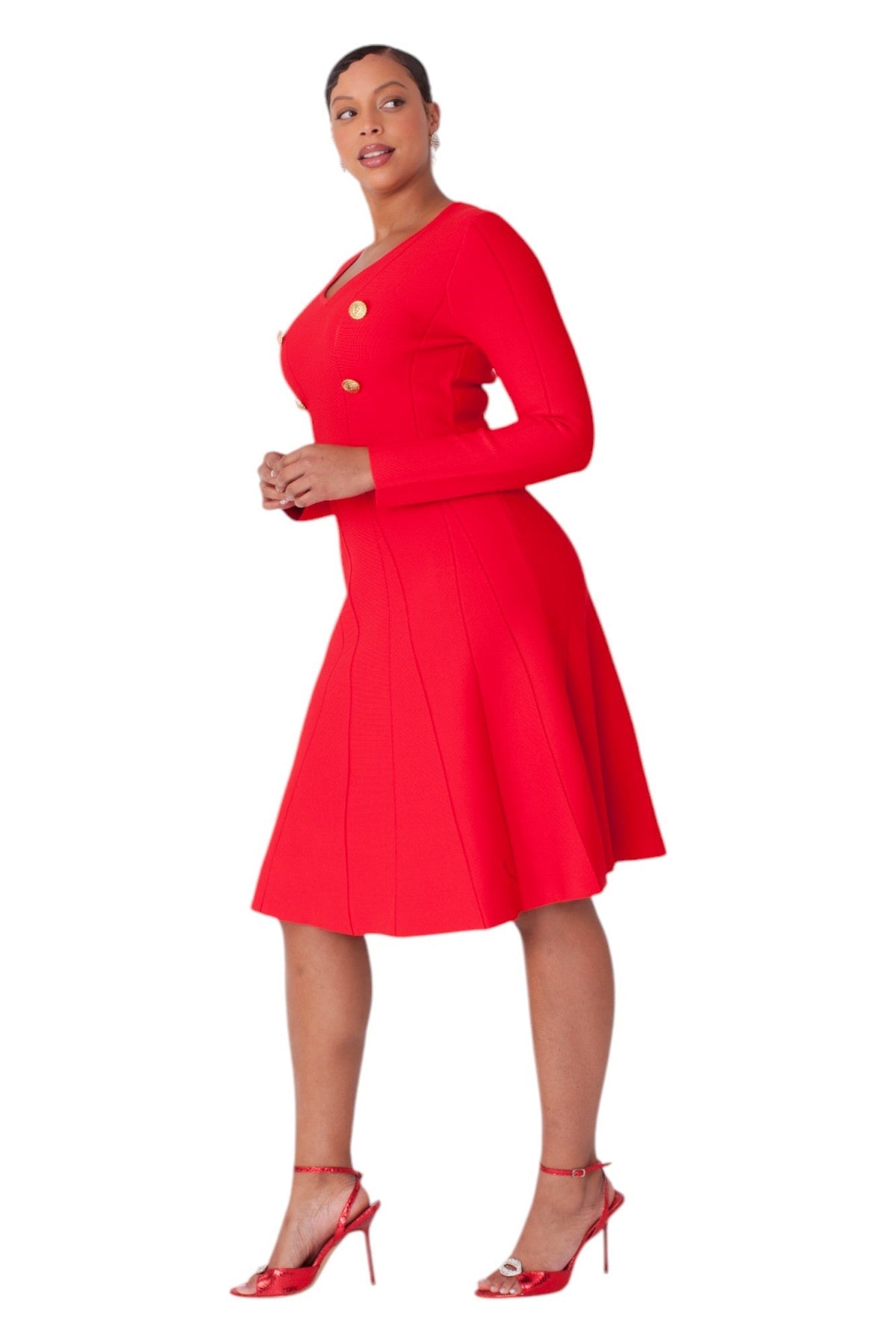 V-Neck Knit Dress with Gold Button Details- 51001 YELLOW / M