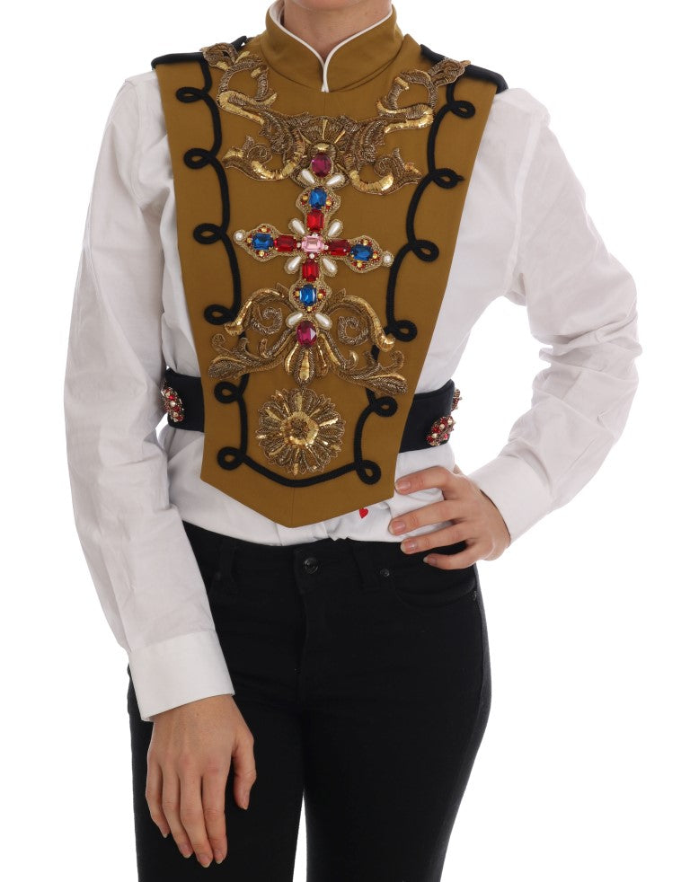 Dolce & Gabbana Yellow Crystal Cross Vest Jacket vintage stones pearls