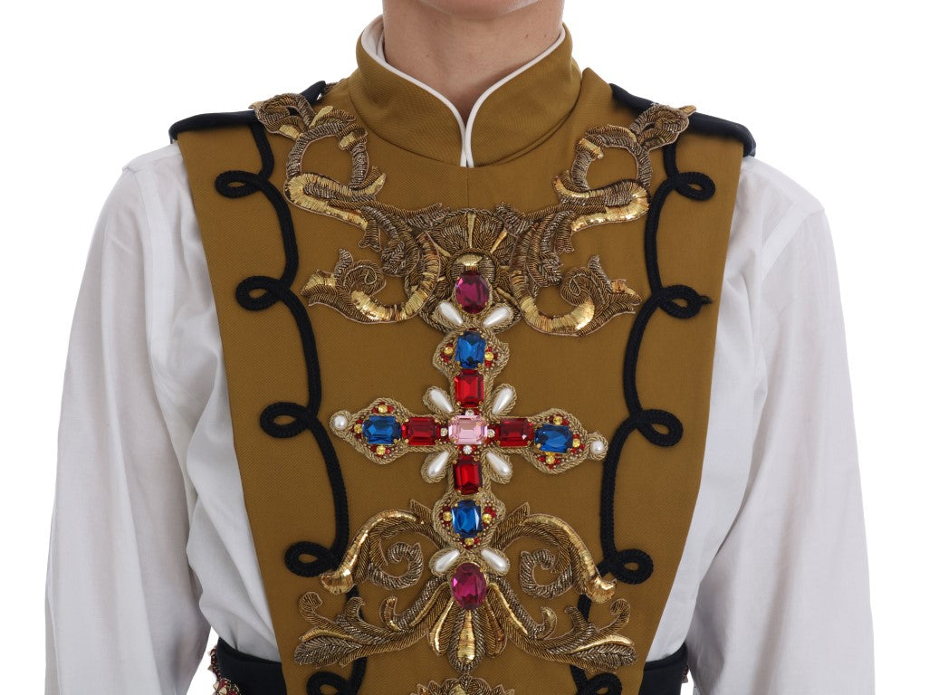 Dolce & Gabbana Yellow Crystal Cross Vest Jacket vintage stones pearls