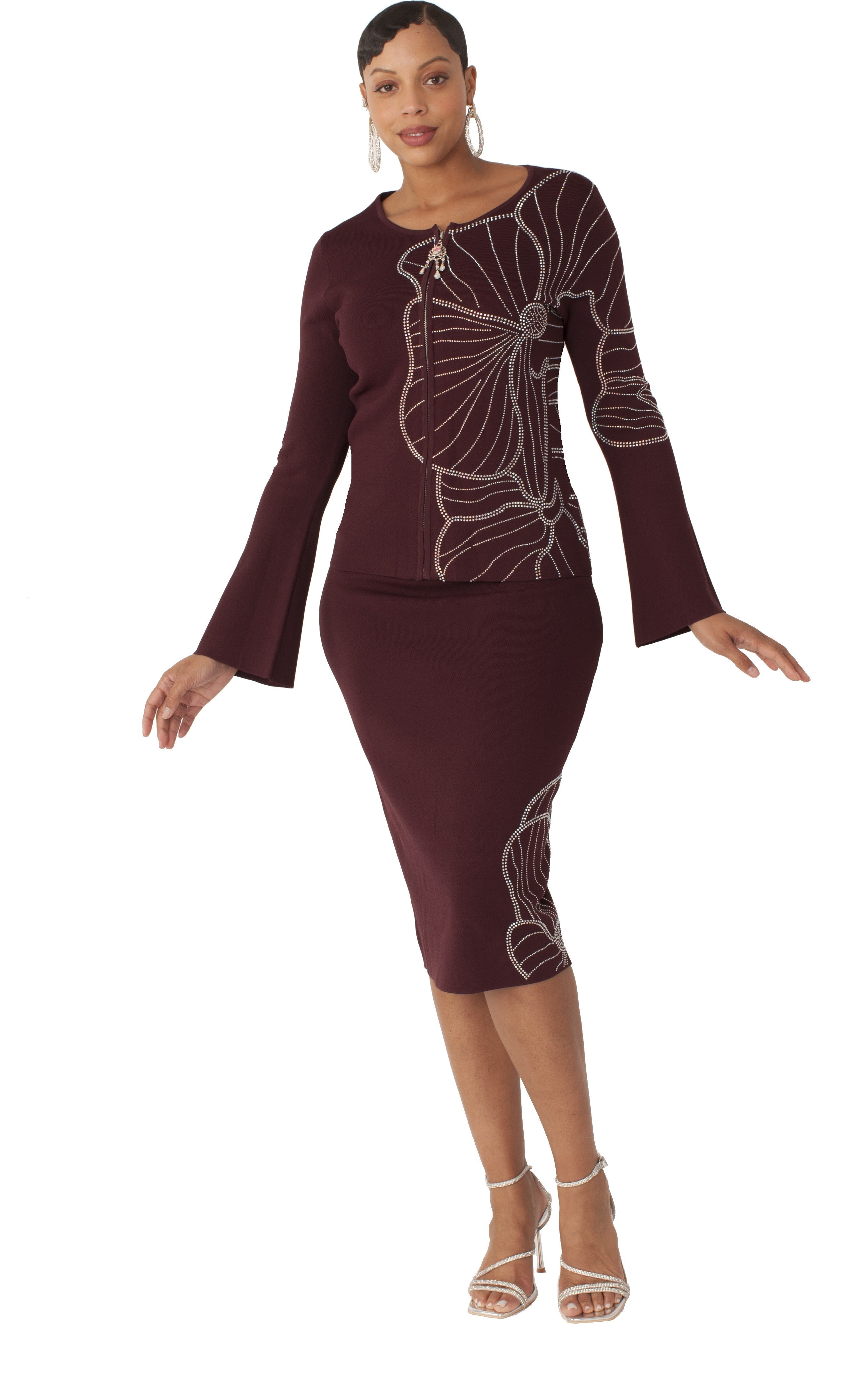 Floral Rhinestone Knit Skirt Set - 5345 suit church black silver