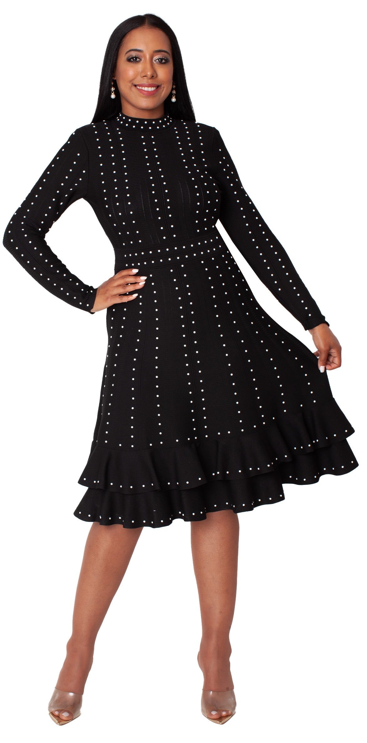 Black Knit Studded Dress with Ruffle Hem -5374 embellished church formal