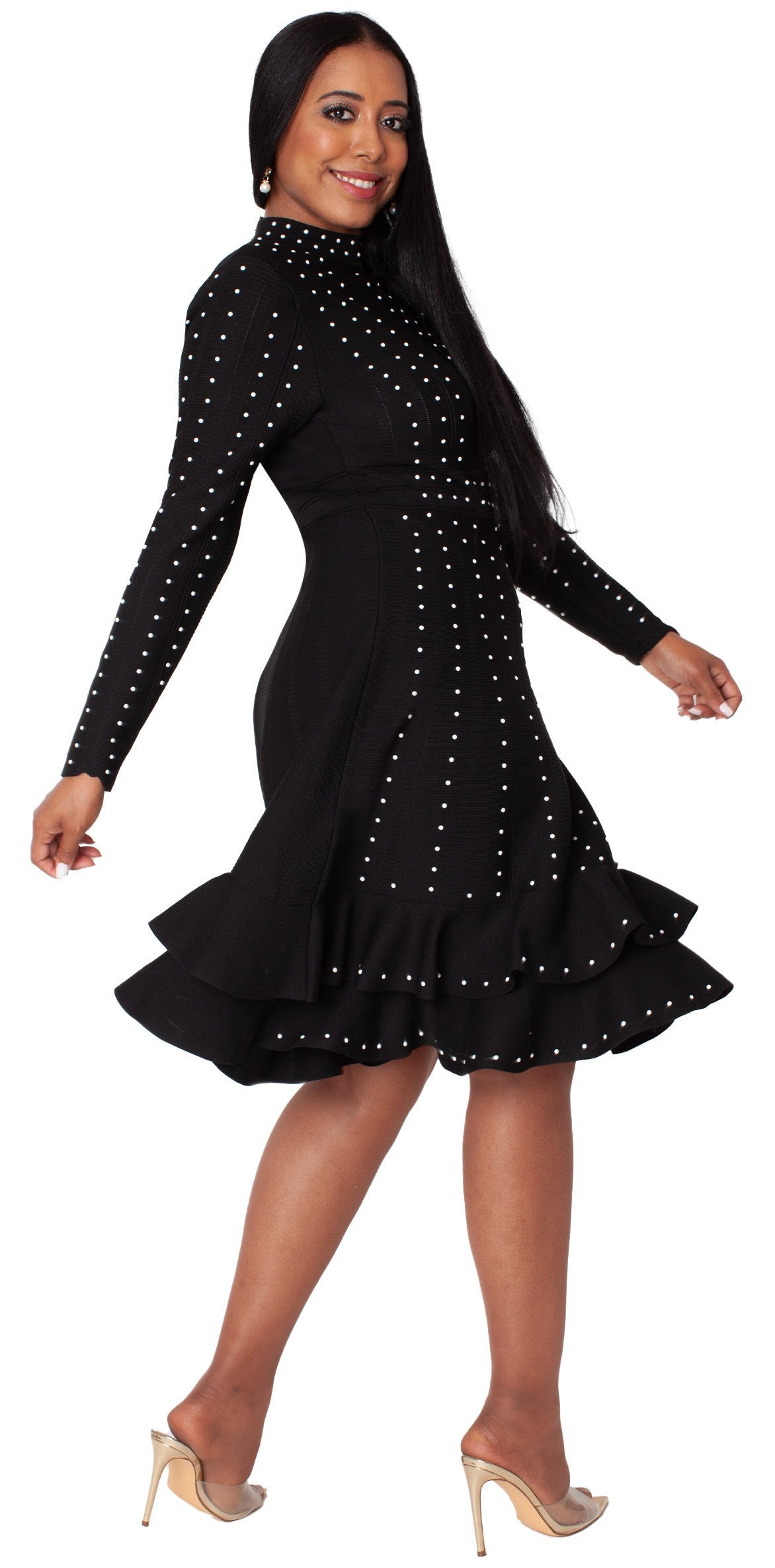 Black Knit Studded Dress with Ruffle Hem -5374 embellished church formal