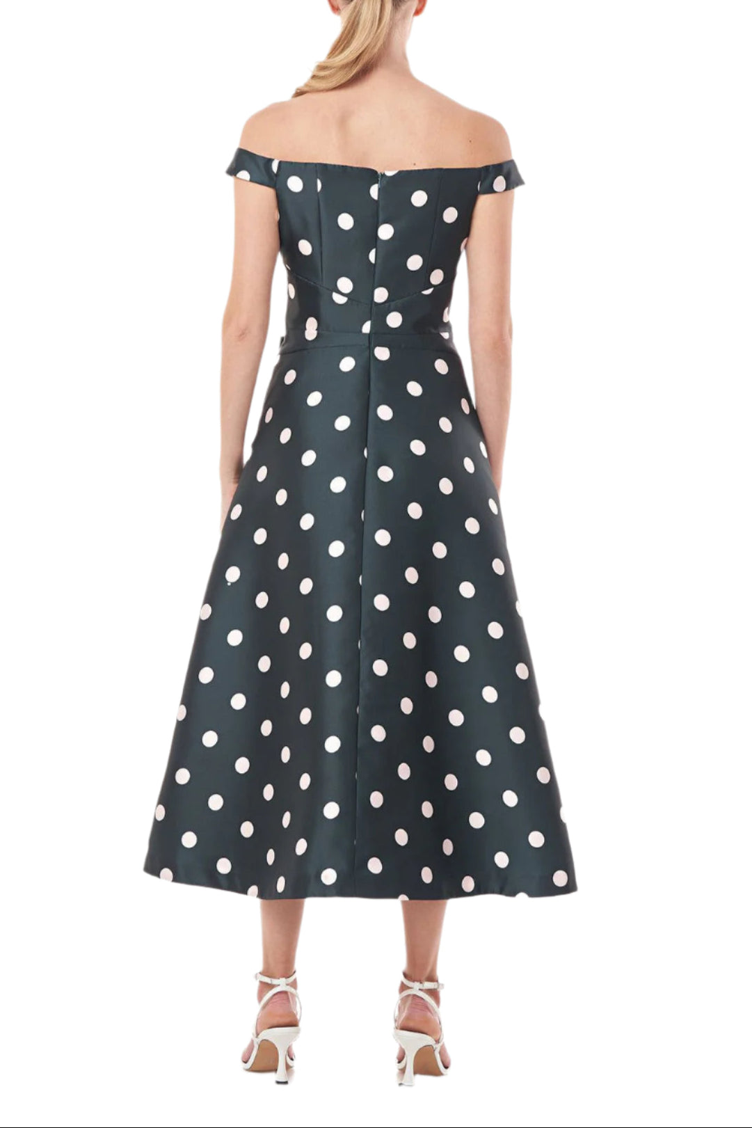Kay Unger Off-Shoulder Zipper Back Ruffle Flared Tea Length Skirt Polka Dot Print Jacquard Dress with Pockets