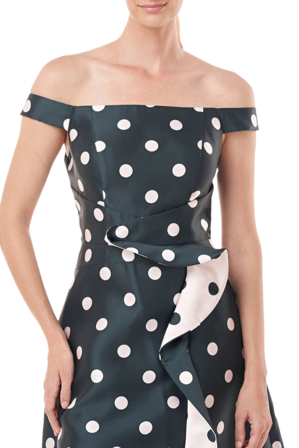 Kay Unger Off-Shoulder Zipper Back Ruffle Flared Tea Length Skirt Polka Dot Print Jacquard Dress with Pockets