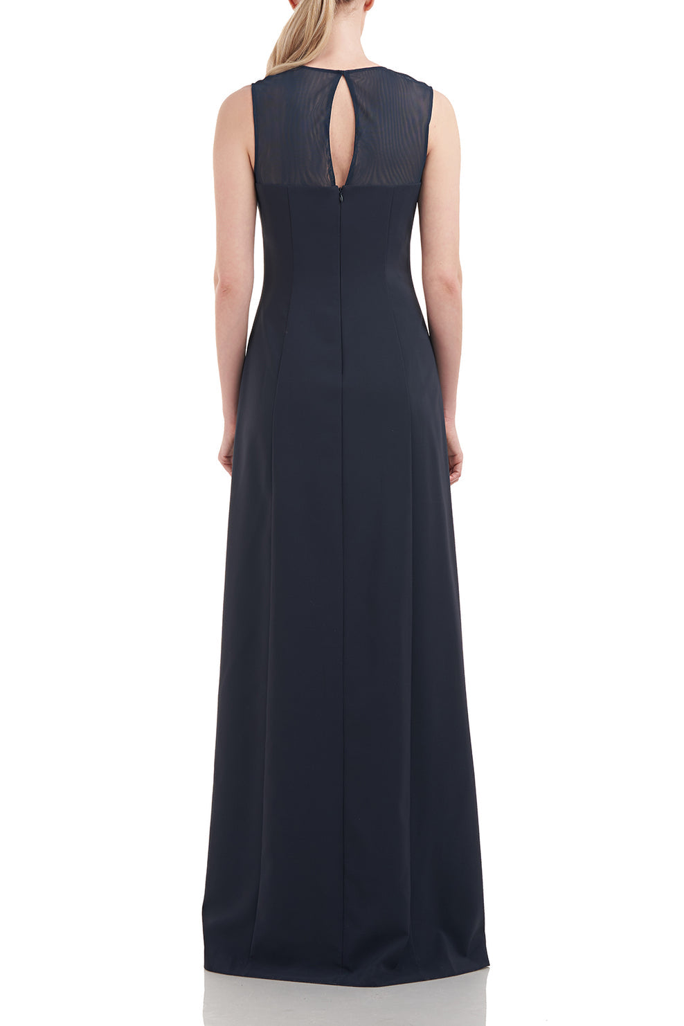 Kay Unger Illusion Jewel Neck Sleeveless Zipper Closure Asymmetrical Skirt Pleated Stretch Crepe Gown with Chiffon Underlay