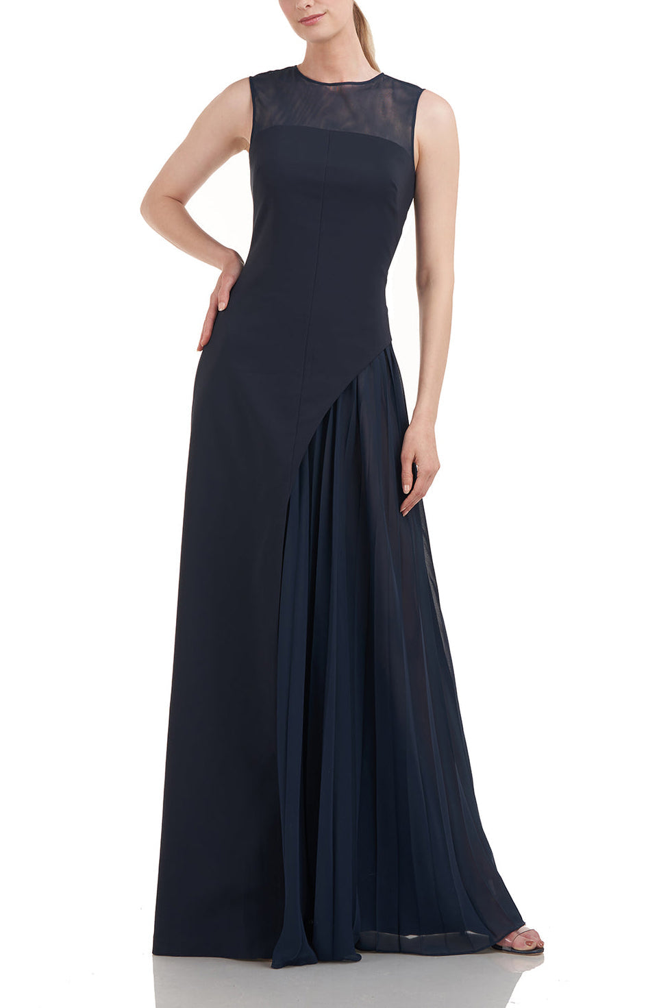 Kay Unger Illusion Jewel Neck Sleeveless Zipper Closure Asymmetrical Skirt Pleated Stretch Crepe Gown with Chiffon Underlay