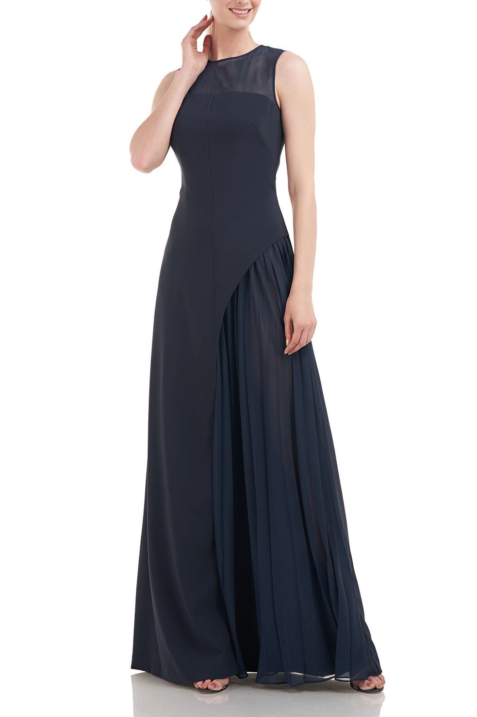 Kay Unger Illusion Jewel Neck Sleeveless Zipper Closure Asymmetrical Skirt Pleated Stretch Crepe Gown with Chiffon Underlay