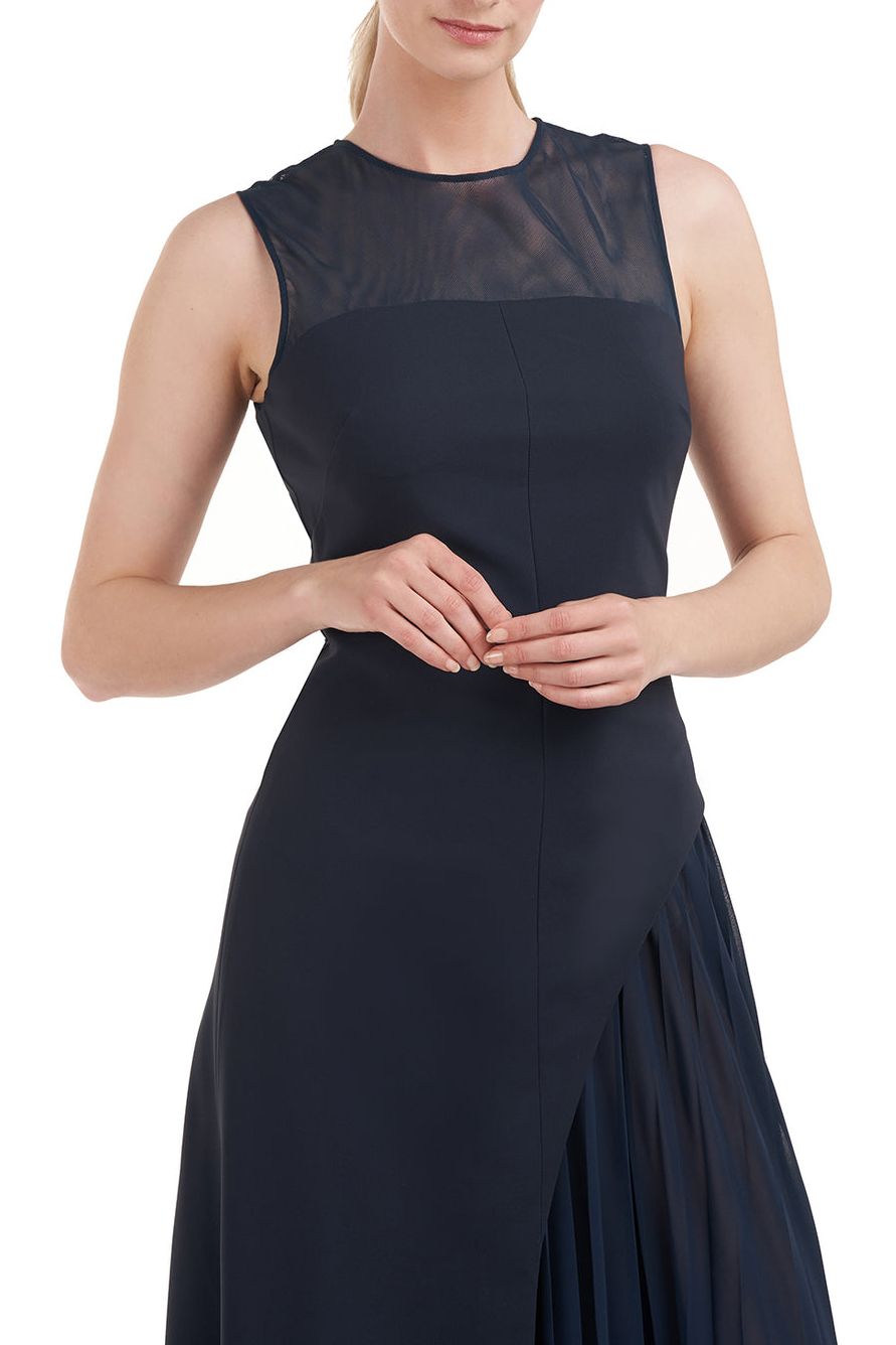 Kay Unger Illusion Jewel Neck Sleeveless Zipper Closure Asymmetrical Skirt Pleated Stretch Crepe Gown with Chiffon Underlay